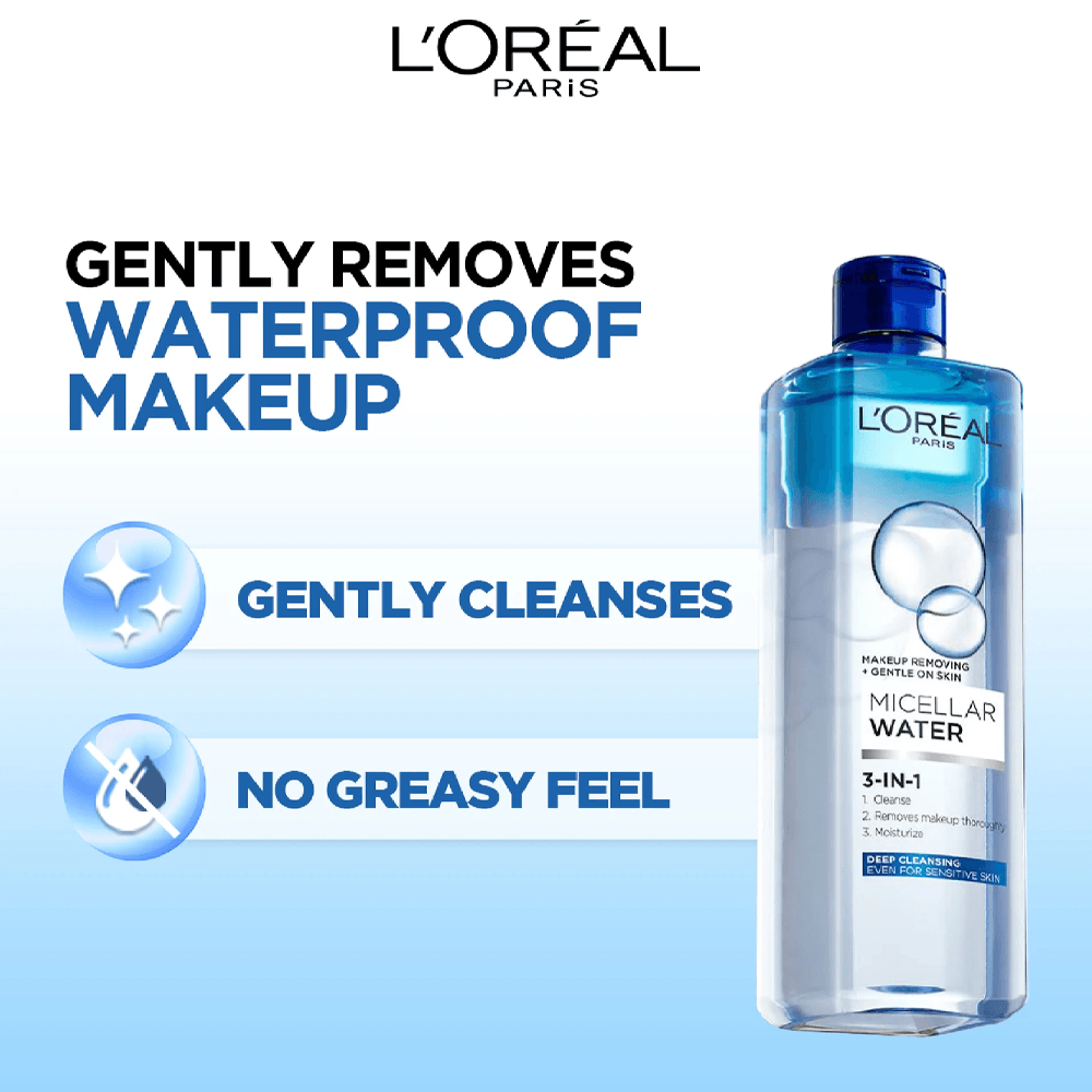 لوريال باريس ماء ميسيلار 3 في 1 (L'Oréal Paris 3-In-1 Micellar Water)، وهو منظف ومزيل للمكياج. 