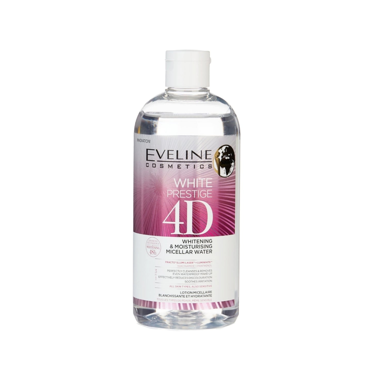ماء ميسيلار للتفتيح والترطيب "وايت برستيج 4 دي" (White Prestige 4D Whitening & Moisturising Micellar Water) من شركة إيفلين كوزمتكس (Eveline Cosmetics). 